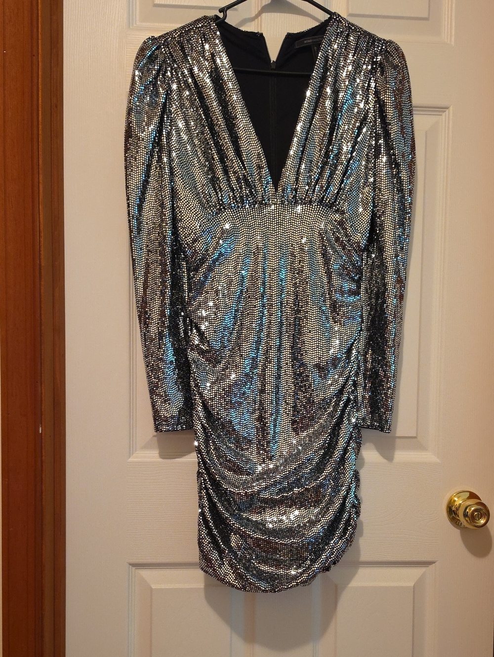 Silver Sequin Long-Sleeve V-Neck Party Dress